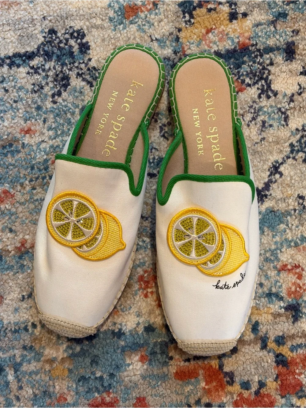 New Kate Spade NY Azura Lemons Canvas Slip-On Espadrille Mules Lemon sparkle 9